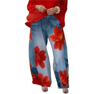 Women's Floral Wide Leg Pants Elastic High Waist Baggy Flowers Pant Trousers